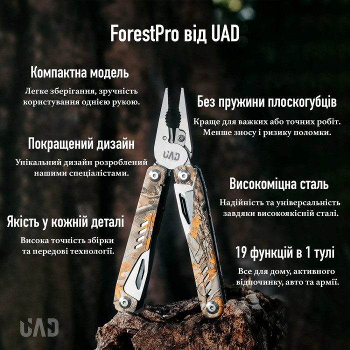 Мультитул профессиональный UAD ForestPro 19 инструментов Камуфляж 420/440  
