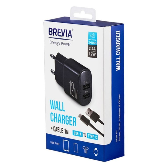 Сетевое зарядное устройство Brevia ePower 12W 2xUSB-A + Cable USB-A to USB-C 1m  