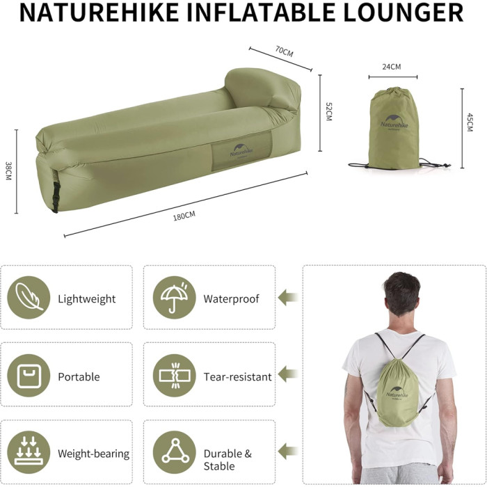 Ламзак с подголовником Naturehike NH20FCD06, оливковый (6927595777053)  