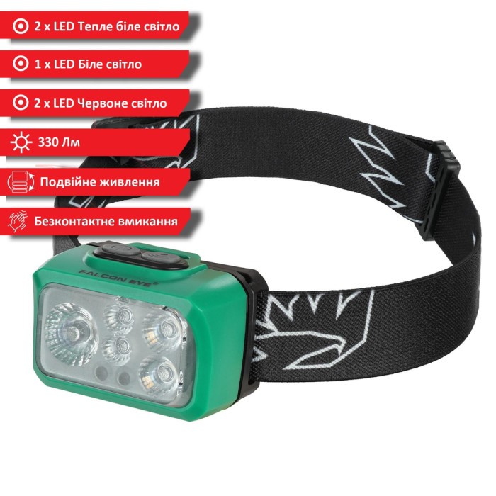 Фонарь налобный Falcon Eye Trek (330 Lm) Cool/Warm White/Red LED Dual Power System USB-C (FHL0034)  