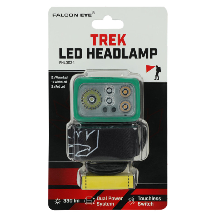 Фонарь налобный Falcon Eye Trek (330 Lm) Cool/Warm White/Red LED Dual Power System USB-C (FHL0034)  