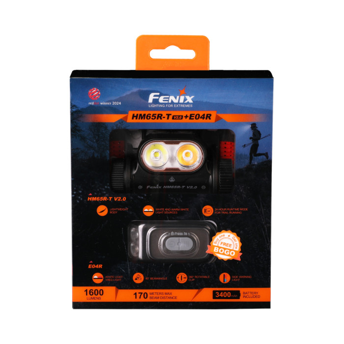 Фонарь налобный Fenix ​​HM65R-T V2.0 черный + фонарь с клипсой Fenix ​​E04R, черный | Лимитированная серия  