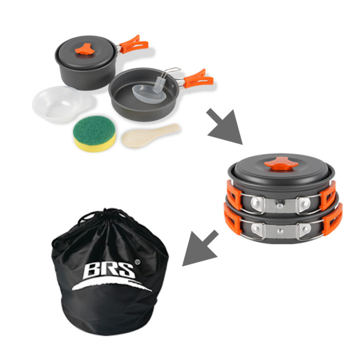 Набор туристической посуды (кастрюля с крышкой, сковорода, 2 тарелки, ложка, черпак и губка) BRS-151, алюминий  