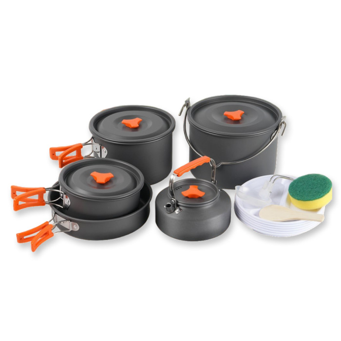 Набор туристической посуды (2 кастрюли с крышкой, котелок, сковорода, чайник, 6 тарелок, ложка, черпак и губка) BRS-157, алюминий  