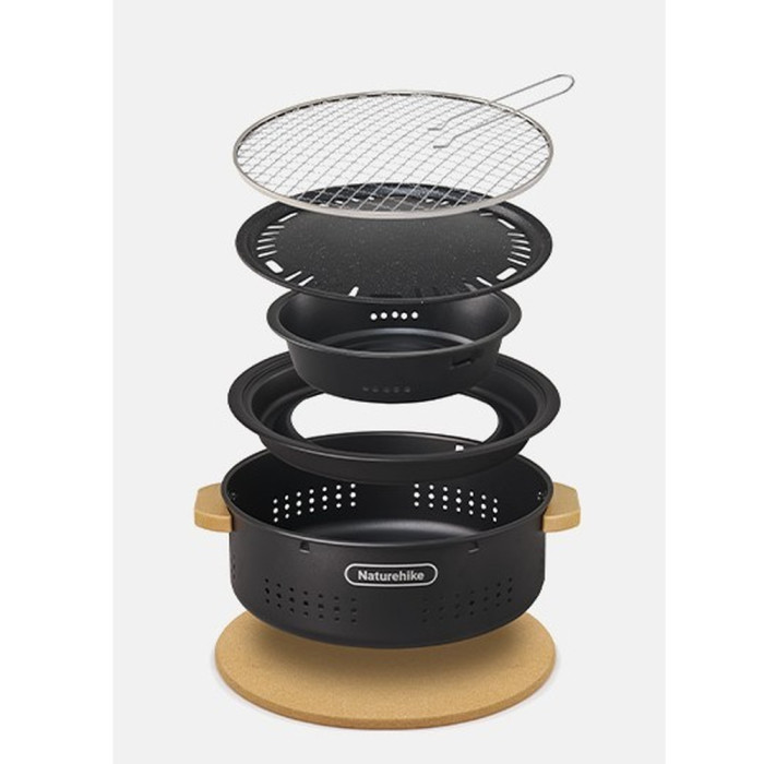 Настольная круглая печь с решеткой гриль и сковородкой Naturehike CNK2550CF010, 36*32.6*12 см, хромированное железо  