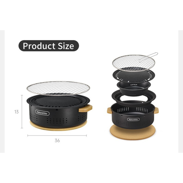 Настольная круглая печь с решеткой гриль и сковородкой Naturehike CNK2550CF010, 36*32.6*12 см, хромированное железо  