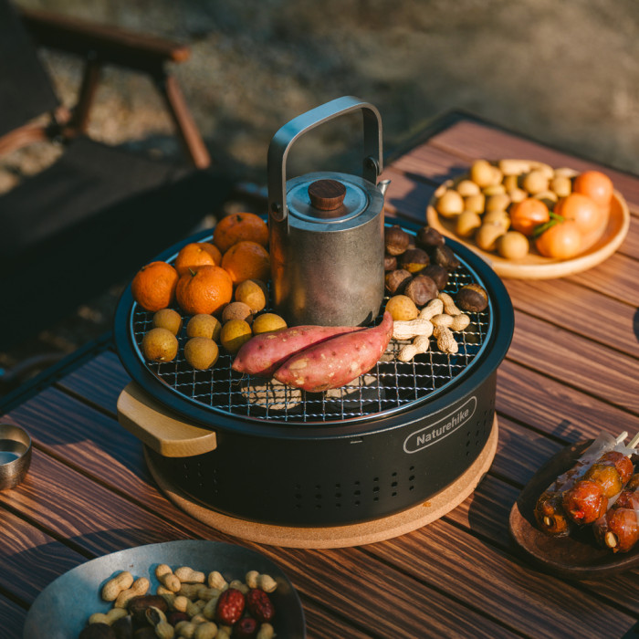 Настольная круглая печь с решеткой гриль и сковородкой Naturehike CNK2550CF010, 36*32.6*12 см, хромированное железо  