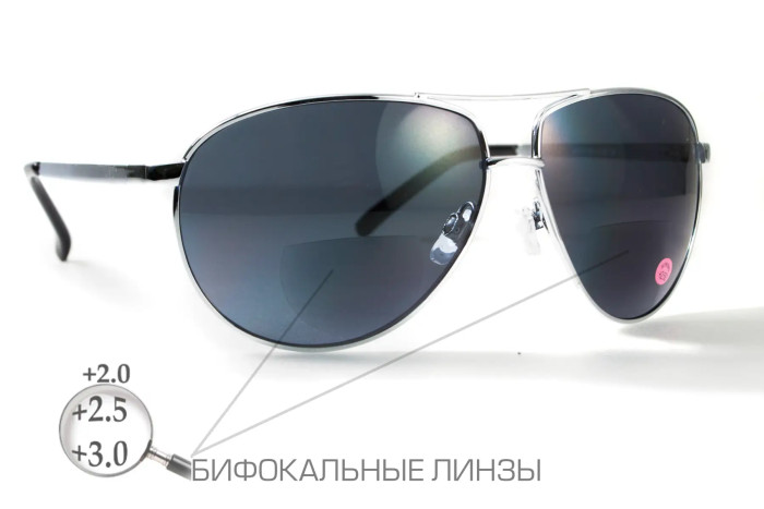 Очки бифокальные (защитные) Global Vision Aviator Bifocal (+2.0) (gray), черные бифокальные линзы в металлической оправе  
