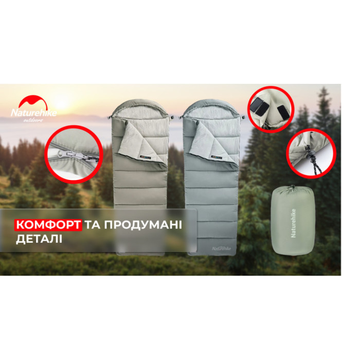 Спальник с капюшоном с обычным мешком для хранения Naturehike M400 CNK2350WS023, (1°C), левый, серый (поврежденная упаковка)  