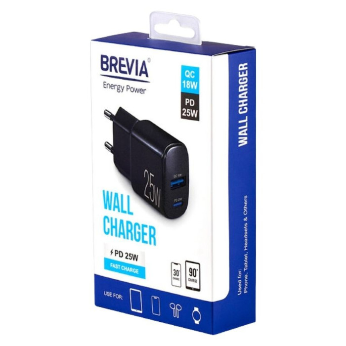 Сетевое зарядное устройство Brevia ePower PD25W USB-C+USB-A  