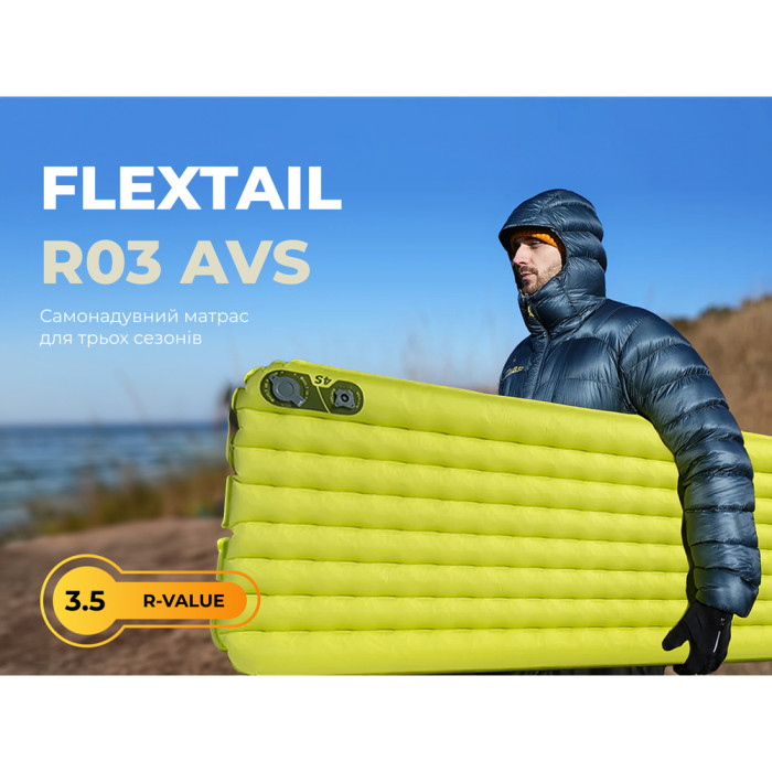 Матрас туристический самонадувающийся одноместный Flextail R03 AVS Regular сверхлегкий, 183х65х7 см с насосной капсулой AVS, зеленый  
