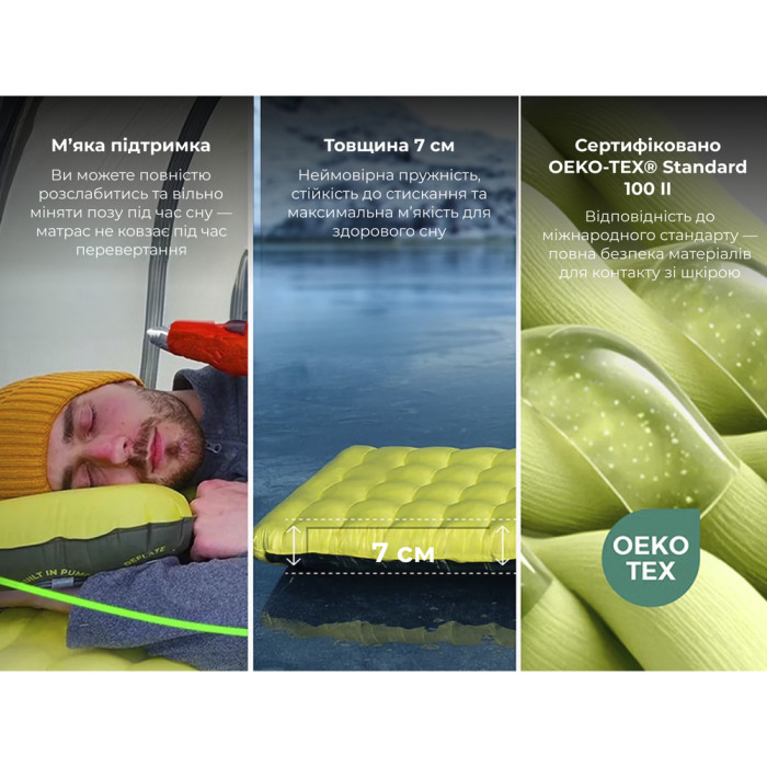 Матрас туристический самонадувающийся одноместный Flextail R03 AVS Regular сверхлегкий, 183х65х7 см с насосной капсулой AVS, зеленый  