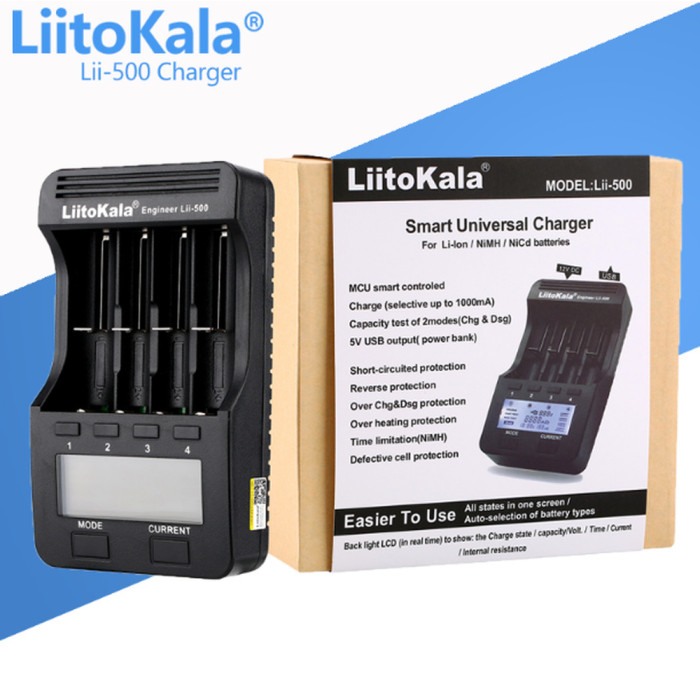 Универсальное интеллектуальное зарядное устройство Liitokala Lii-500 EU на 4 канала + автомобильный кабель  