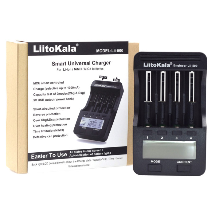 Зарядное устройство Liitokala Lii-500, 4 канала, Ni-Mh/Li-ion, 220V/12V, Powerbank, Test  