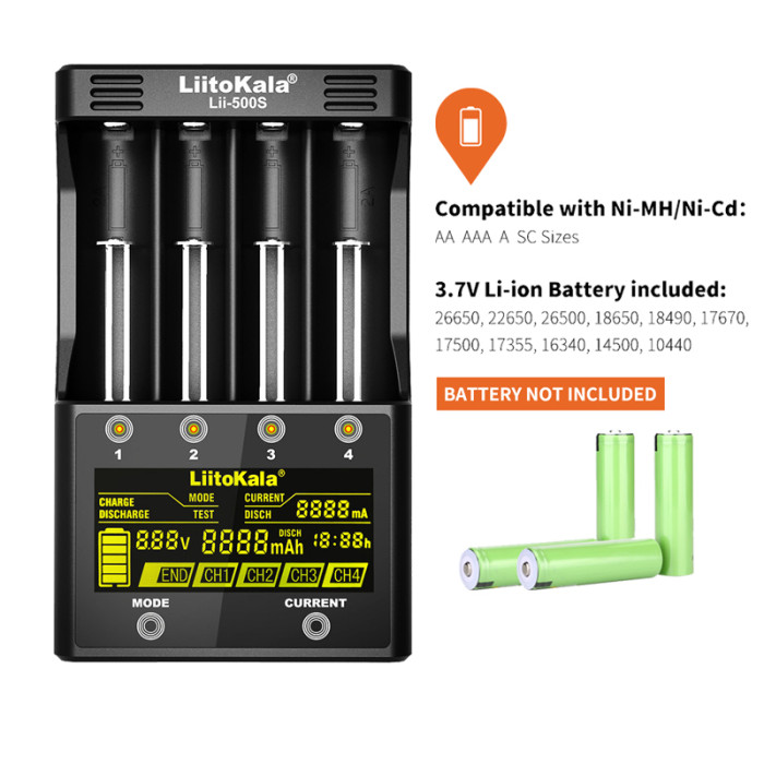Зарядное устройство Liitokala Lii-500s, 4 канала, Ni-Mh/Li-ion, 220V/12V, Powerbank, Test  