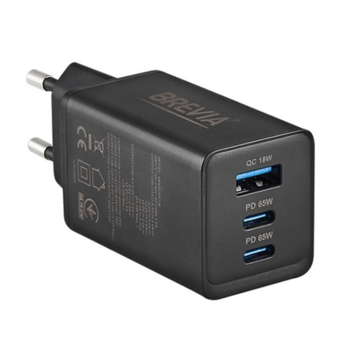 Сетевое зарядное устройство Brevia ePowerGaN PD65W 2xUSB-C+USB-A  