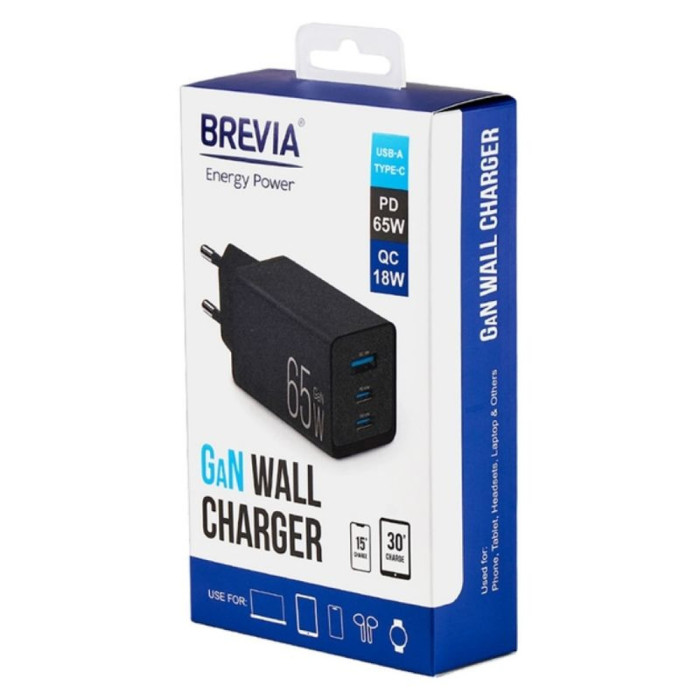 Сетевое зарядное устройство Brevia ePowerGaN PD65W 2xUSB-C+USB-A  