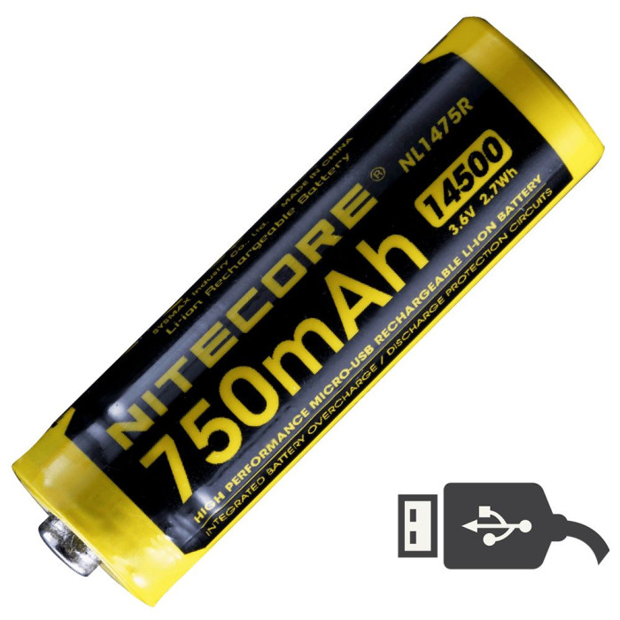 Аккумулятор литиевый Li-Ion 14500 Nitecore NL1475R 3.6V 750mAh, USB, защищенный 