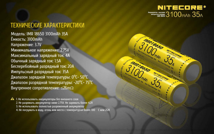 Аккумулятор литиевый 18650, IMR Nitecore (3100mAh)  