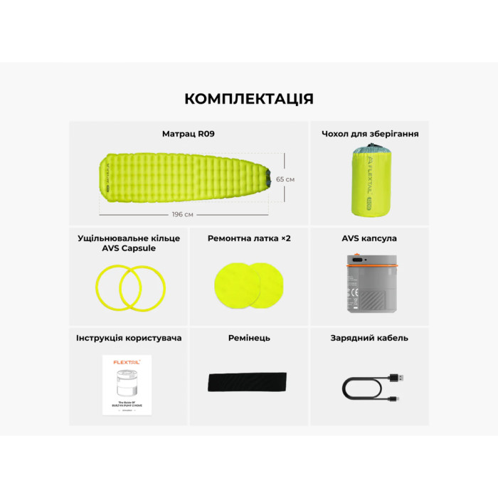 Матрас самонадувающийся Flextail Tiny Slleeping Pad R09 AVS Mummy, размер L (196 х 65 х 9 см), зеленый  