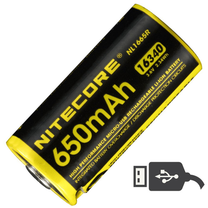 Аккумулятор литиевый Li-Ion RCR123A Nitecore NL1665R 3.6V 650mAh, USB, защищенный 