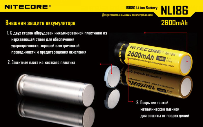 Аккумулятор литиевый 18650 Li-Ion Nitecore NL1826 3.7V (2600mAh), защищенный  