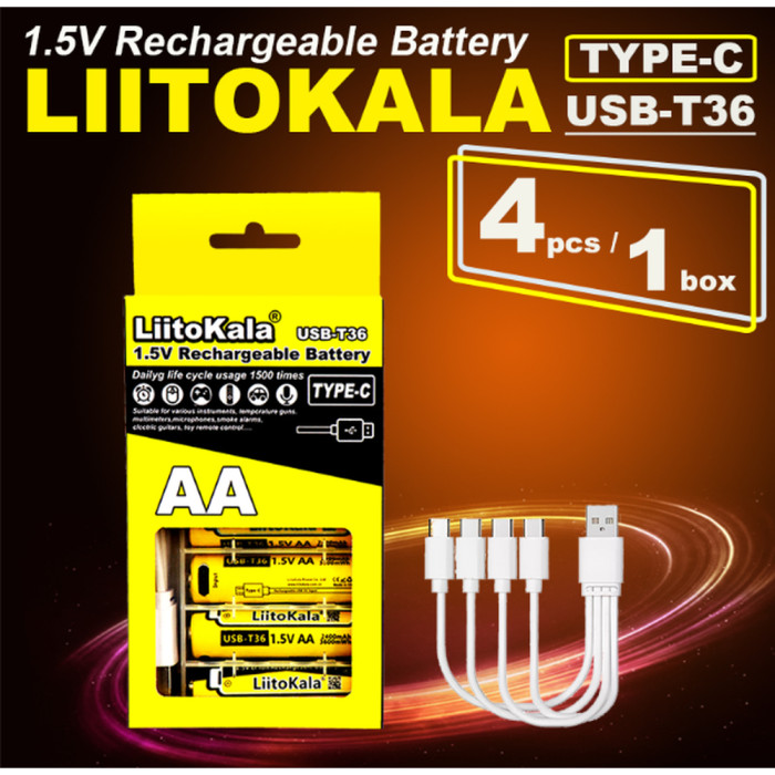 Набор аккумуляторов из 4 шт LiitoKala USB-T36 + USB Type-C кабель зарядки  