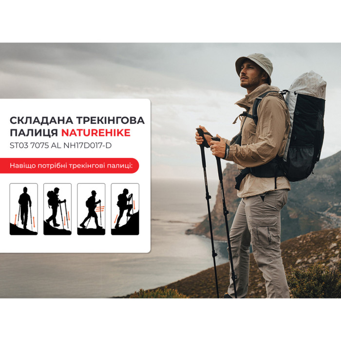 Трекинговая палка 3-сек. Naturehike ST 03 7075 AL NH17D017-D, черная  