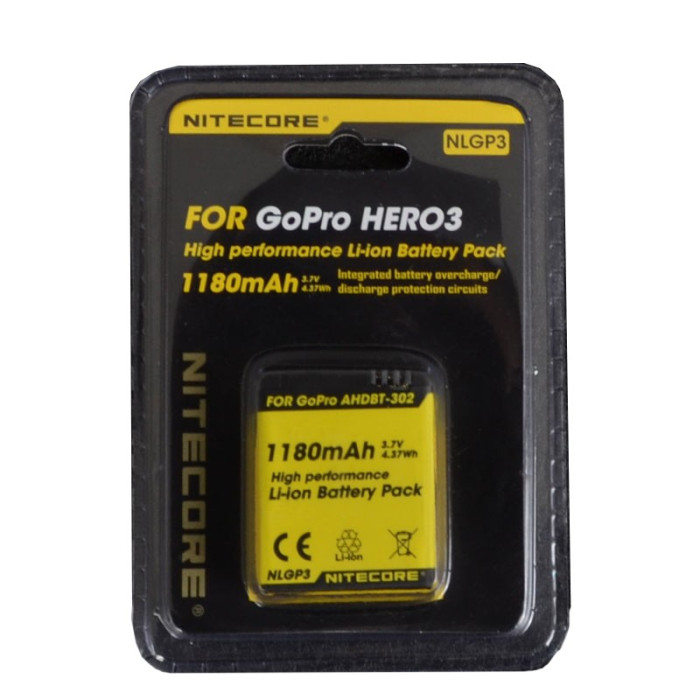 Аккумулятор литиевый Li-Ion Nitecore NLGP3 для GoPro AHDBT-302 (1180mAh)  