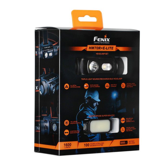 Фонарь налобный Fenix HM70R + Фонарь ручной Fenix E-LITE (восстановленный/ поврежденная упаковка)  