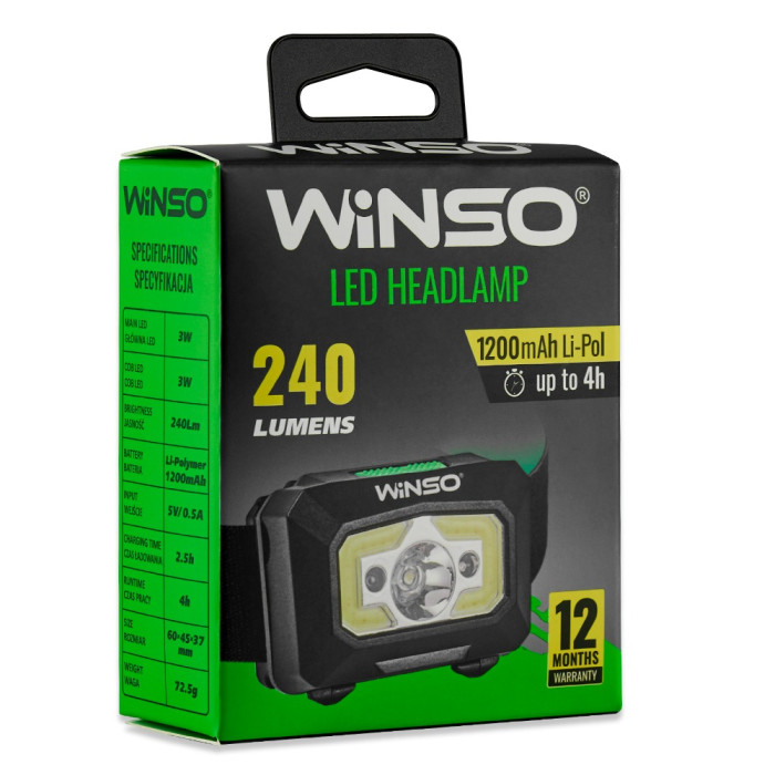 Фонарь налобный Winso 240Lm, 3W XPE+ COB, 1200mAh, Sensor White/Red  
