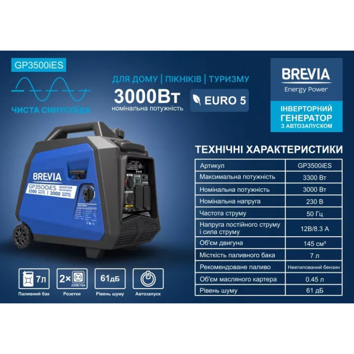 Генератор Brevia инверторный бензиновый 3,3 кВт (ном 3,0 кВт) с электростартером  