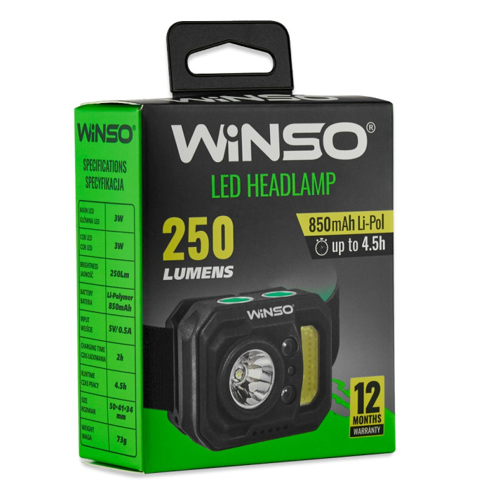 Фонарь налобный Winso 250Lm, 3W XPE + 3W COB, 850mAh, Sensor White/Red  