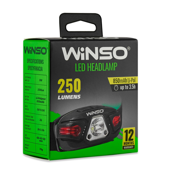 Фонарь налобный Winso 250Lm, 5W LED, 850mAh, Sensor White/Red  