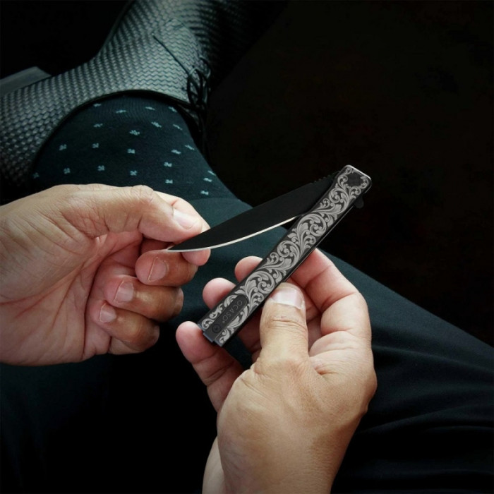 Нож Ocaso Solstice, Engraved titanium Scroll Pattern, Black  