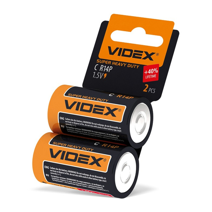 Батарейки солевые Videx R14P/C, 2шт упак SHRINK CARD