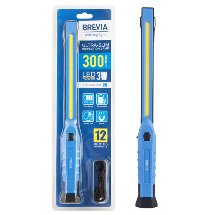 Фонарь инспекционный Brevia LED 3W COB+1W LED 300lm, 2000mAh, время работы до 3 час., IP20 11380  