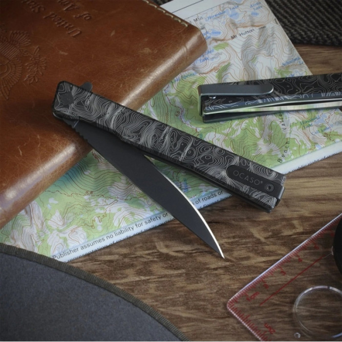 Нож Ocaso Solstice, Engraved titanium Topo Pattern, Black  