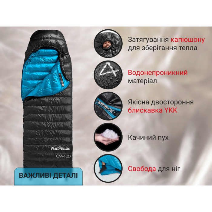Спальник с натуральным пухом Naturehike CW400 NH18C400-D, р-р M, желто-серый  