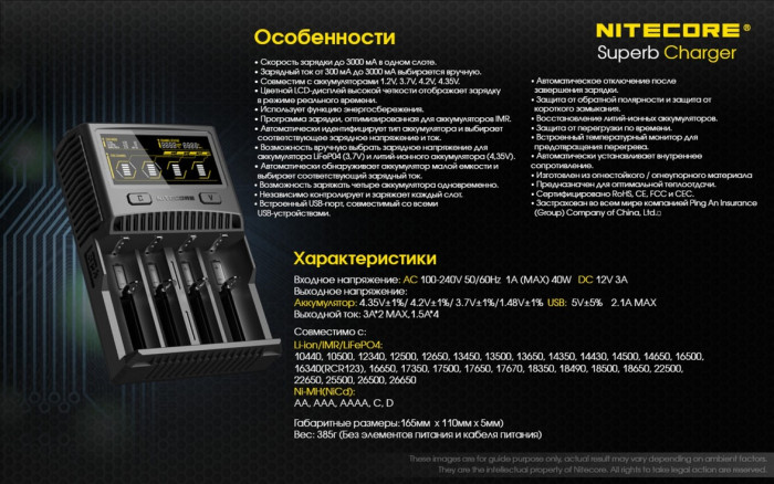 Зарядное устройство Nitecore SC4 с LED дисплеем (0.5A, 1A, 2A, 3A)  