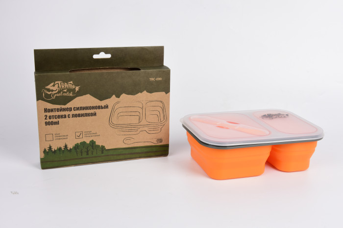 Контейнер TRAMP складной силиконовый 2 отдела с крышкой защелкой 900мл (с ложкой-вилкой), Оранжевый  