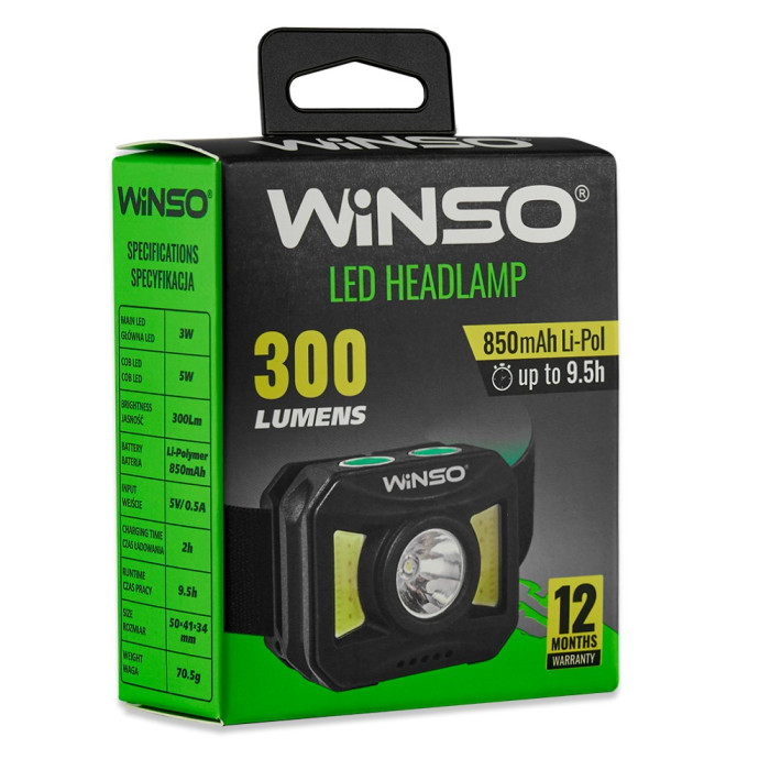 Фонарь налобный Winso 300Lm, 3W+COB, 850mAh, White/Red  