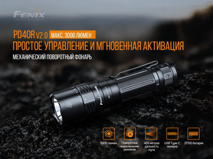 Фонарь ручной Fenix PD40R V2.0 (Открытая упаковка / замена диода и драйвера / отсутствует запасное кольцо / сколы и потертости на корпусе)  