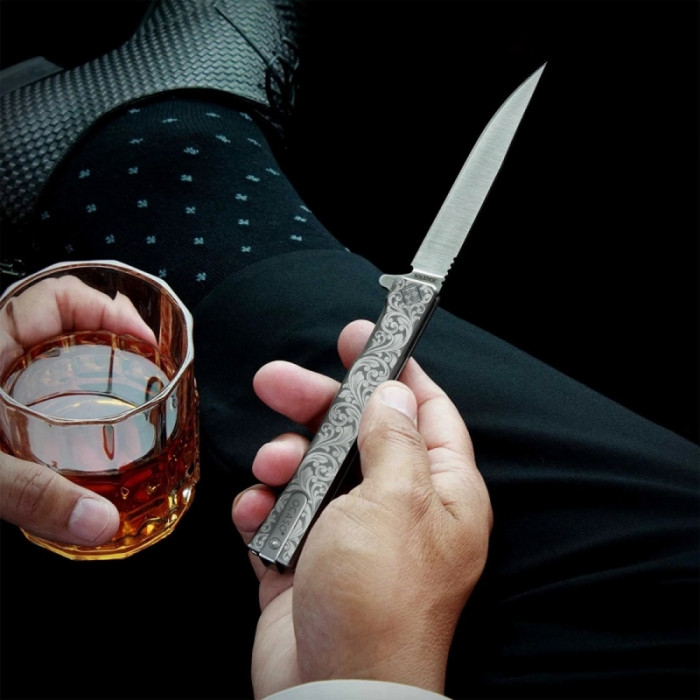 Нож Ocaso Solstice, Engraved titanium, Scroll Pattern, Satin  