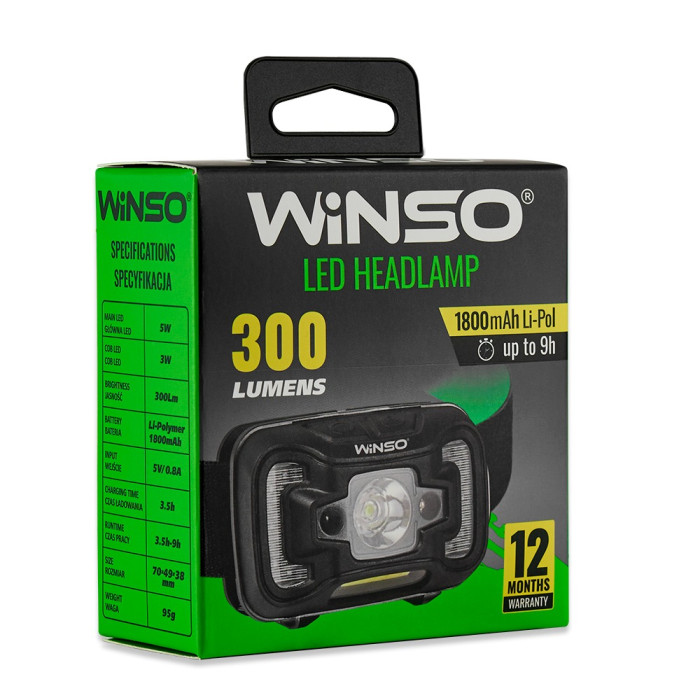 Фонарь налобный Winso 300Lm, 5W CREE XTE + COB, 1800mAh, Sensor White/Red  