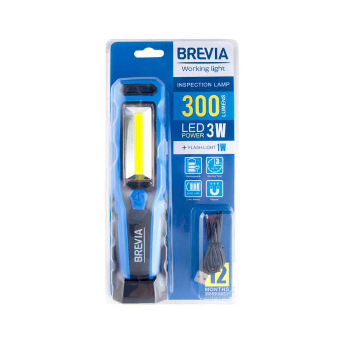 Фонарь инспекционный Brevia LED 8SMD+1W LED 300lm 2000mAh microUSB  