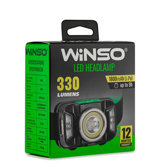 Фонарь налобный Winso 330Lm, 5W CREE XTE + COB, 1800mAh, Sensor White/Red  