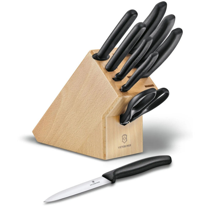 Набор кухонный Victorinox SwissClassic Cutlery Block 9шт с черн. ручкой с подст. (6 ножей, точило, вилка, ножницы)  