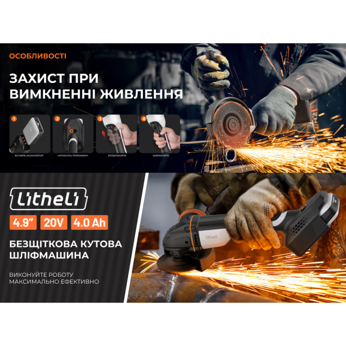Аккумуляторная угловая шлифмашина бесщеточная Litheli, питание от павербанка (УМБ Litheli Power Bank 20000 mAh, 45 W, 2А в комплекте)  