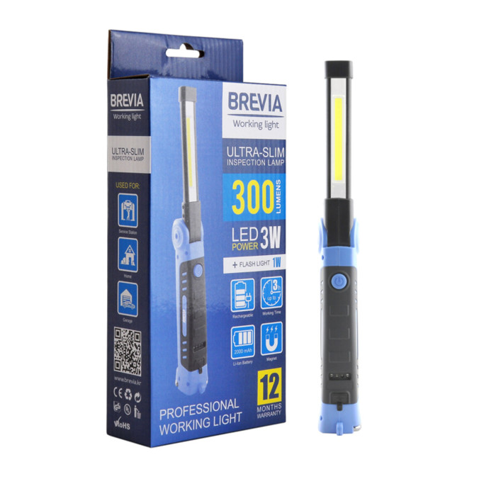Фонарь инспекционный Brevia LED Ultra-slim 3W COB+1W LED 300lm, 2000mAh, microUSB  